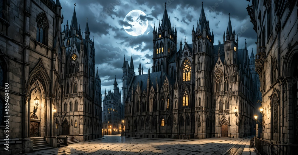 Fototapeta premium gothic castle palace city building at night. medieval goth tower buildings architecture on town street. fantasy dystopian background.