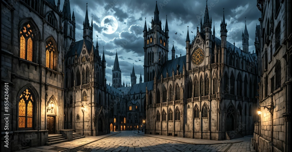 Fototapeta premium gothic castle palace city building at night. medieval goth tower buildings architecture on town street. fantasy dystopian background.
