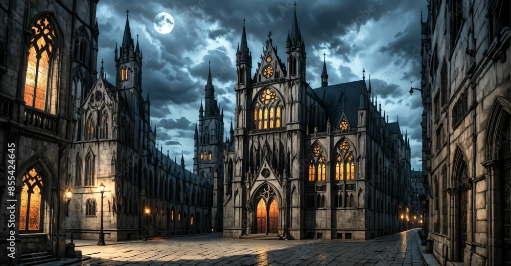 Fototapeta premium gothic castle palace city building at night. medieval goth tower buildings architecture on town street. fantasy dystopian background.