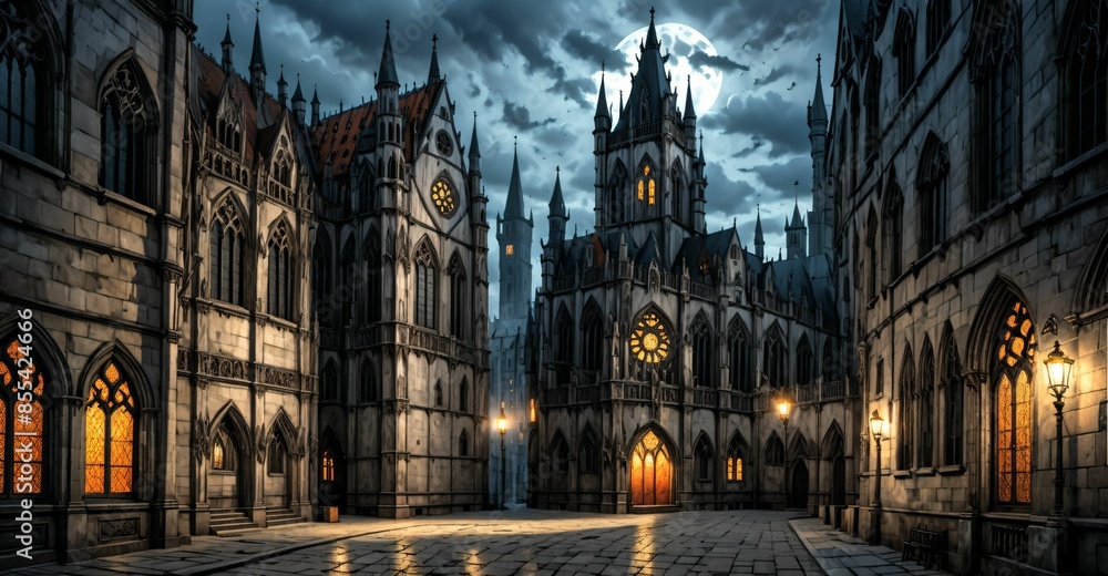 gothic castle palace city building at night. medieval goth tower buildings architecture on town street. fantasy dystopian background. gothic castle palace city building at night. medieval goth tower buildings architecture on town street. fantasy dystopian background.
