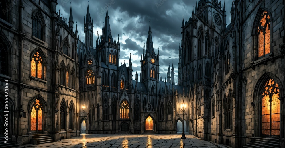 Fototapeta premium gothic castle palace city building at night. medieval goth tower buildings architecture on town street. fantasy dystopian background.