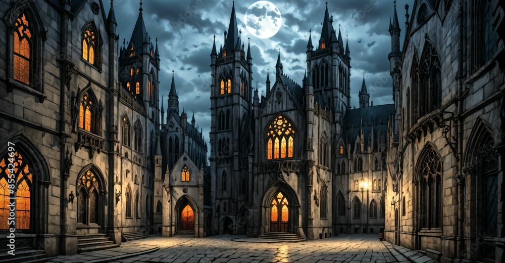 Fototapeta premium gothic castle palace city building at night. medieval goth tower buildings architecture on town street. fantasy dystopian background.