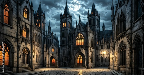 gothic castle palace city building at night. medieval goth tower buildings architecture on town street. fantasy dystopian background.
