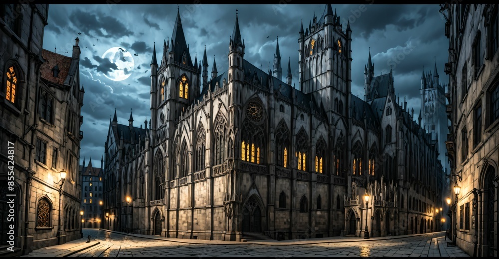 Fototapeta premium gothic castle palace city building at night. medieval goth tower buildings architecture on town street. fantasy dystopian background.