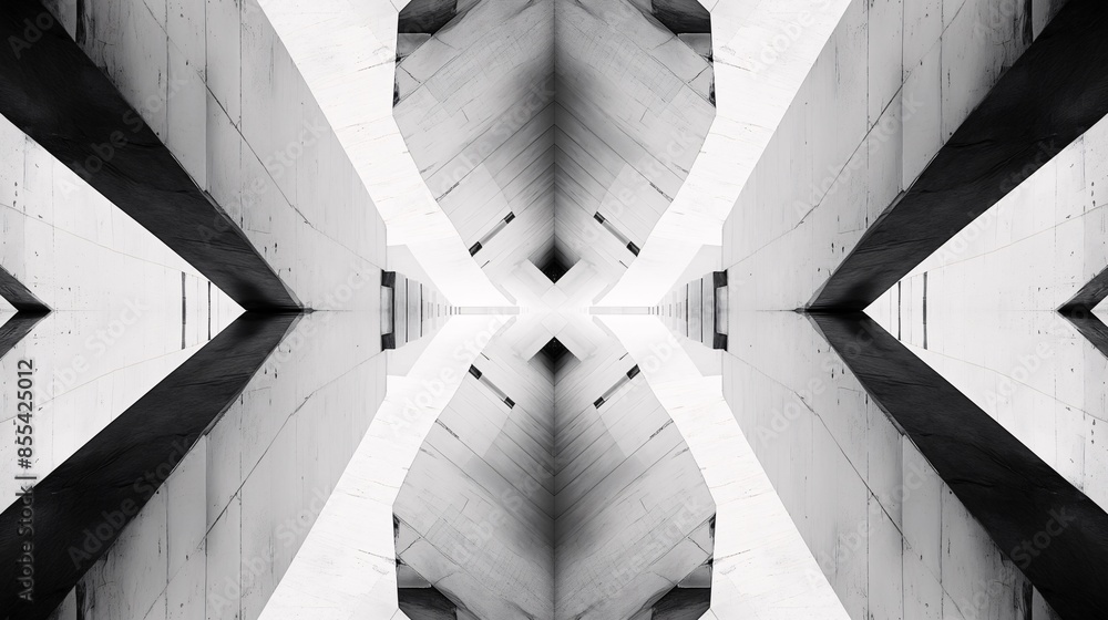 Obraz premium Abstract symmetrical architectural black and white photo showcasing geometric shapes and modern design elements.