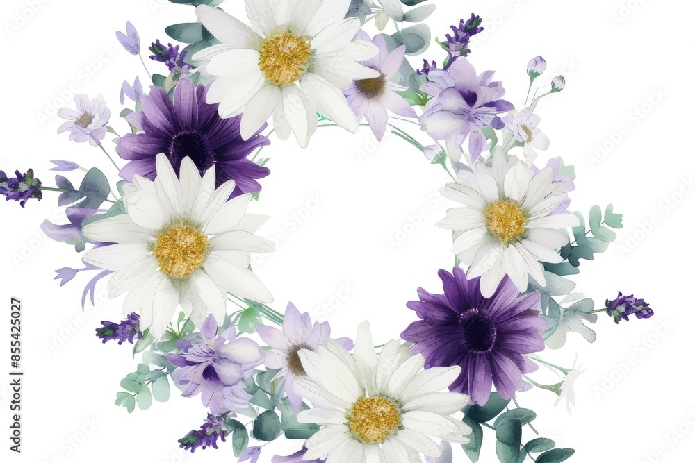 a wreath of white and purple flowers on a white background, Illustrate a wreath with watercolor lavender and white ranunculus a wreath of white and purple flowers on a white background, Illustrate a wreath with watercolor lavender and white ranunculus