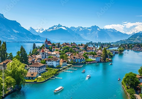 High angle view from drone point of Spiez town, Spiez castle by lake Thun in Canton of Bern, Switzerland photo