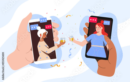 Online party concept. Two women with alcoholic drinkd at smartphones screen. Communication and interaction on social networks. Remote Event and festival in Internet. Cartoon flat vector illustration