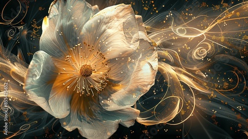 Stunning Abstract Patterns with Gold and White Flower on Dark Background: Elegance Concept