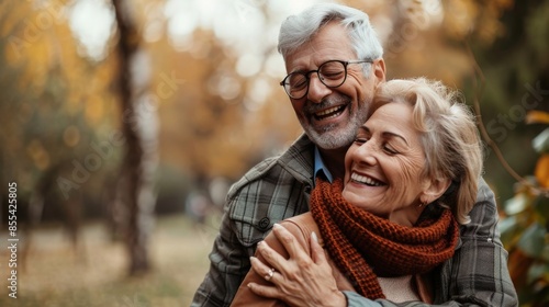 A couple of older people are dancing together in a garden. They are smiling and enjoying themselves. Concept of happiness and love between the two people