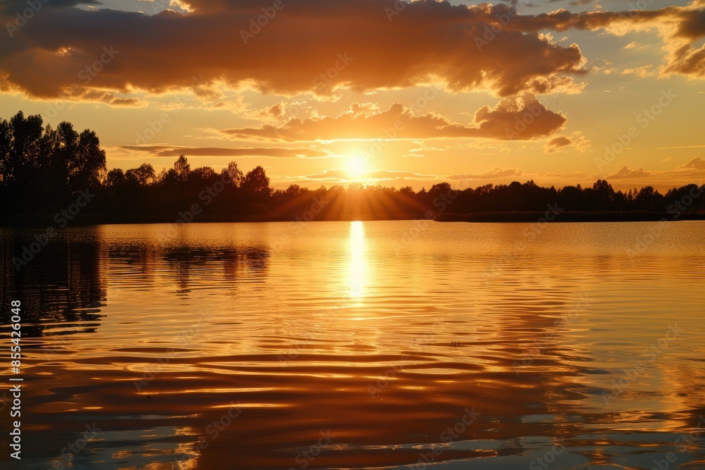 a lake with rocks in the water and a sunset, Photograph a scenic sunset over a calm lake a lake with rocks in the water and a sunset, Photograph a scenic sunset over a calm lake