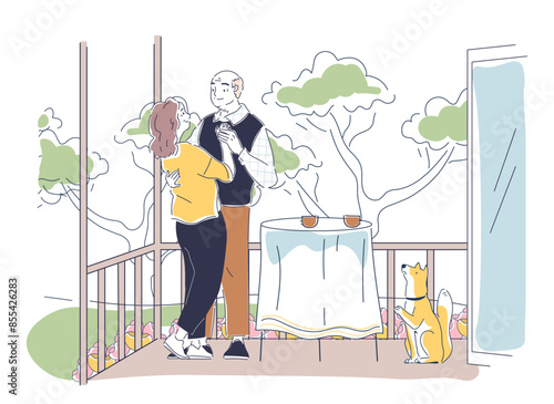 Elderly couple at terrace concept. Pencioners dancing at backyard. Active lifestyle and leisure outdoors. Romance, love and passion. Linear flat vector illustration isolated on white background