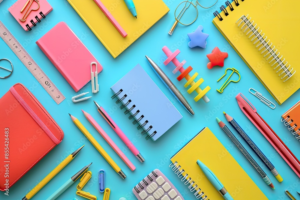 a colorful desk with a lot of stationery items, Shoot a series of colorful stationery items a colorful desk with a lot of stationery items, Shoot a series of colorful stationery items