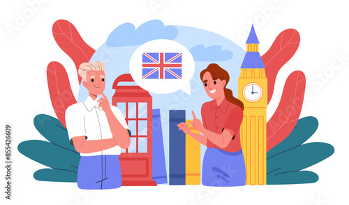 People learn English. Man and woman near traditional British buildings. Characters study foreign language on course. Education and training. Cartoon flat vector illustration isolated on background