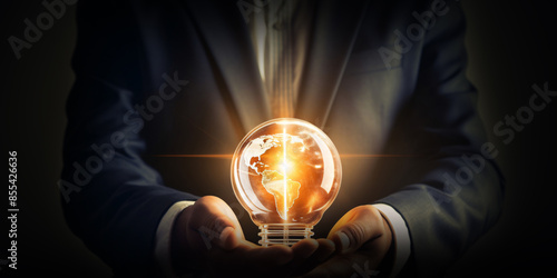 Businessman holding a light bulb symbolizes a bright idea for global communication networks