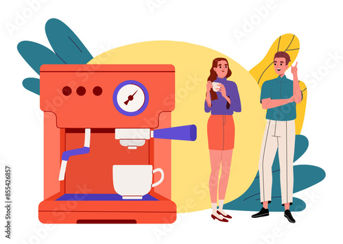 People with coffee machine. Man and woman near coffeemaker. Characters making hot coffee drink during break and communicate. Cartoon flat vector illustration isolated on white background
