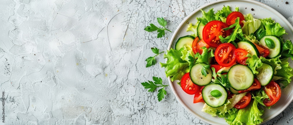 Fresh salad with tomatoes, cucumbers, and lettuce on a white plate, top view, bright and vibrant colors, copy space, Fresh salad with tomatoes, cucumbers, and lettuce on a white plate, top view, bright and vibrant colors, copy space,