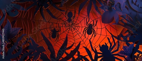 Halloween paper cutout spider web and spiders, dark background,