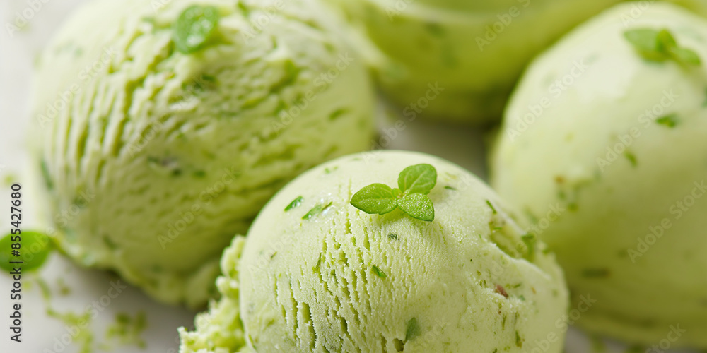 Refreshing cilantro lime ice cream, a closeup of refreshing cilantro lime ice cream, its green color and zesty flavor highlighted against a white background Refreshing cilantro lime ice cream, a closeup of refreshing cilantro lime ice cream, its green color and zesty flavor highlighted against a white background