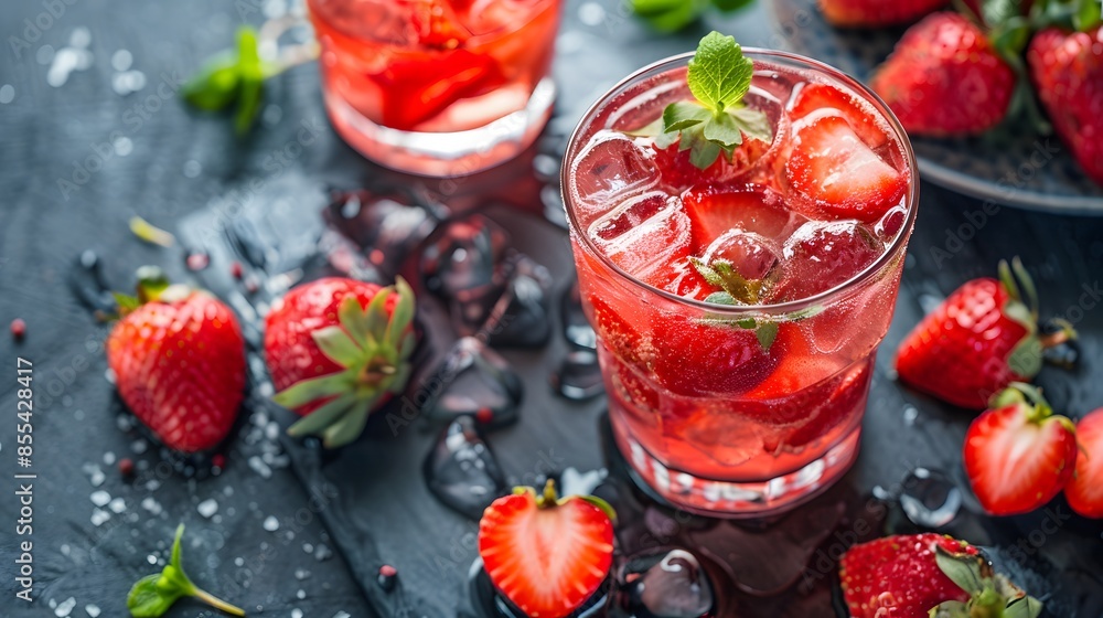 Juice splashes out from cutted strawberries on a white background Juice splashes out from cutted strawberries on a white background