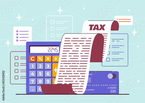 Tax payment concept. Calculator near large bill and banking card. Accounting and budgeting. Finacial literacy and evaluation of expenses. Money management. Cartoon flat vector illustration