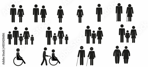 a set of icons depicting human figures, men, women, children, families, adults, families with children, the elderly, people in a wheelchair, with vision problems, health, flat  illustration
