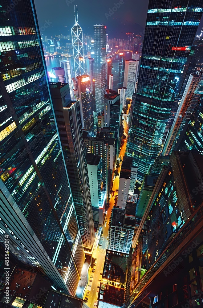 Obraz premium Hong Kong Bank Building: Nighttime Skyscraper View