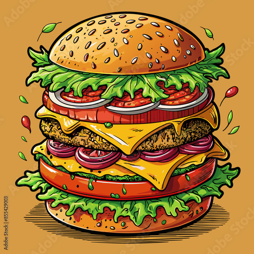 Beef burger with cheese, tomatoes, red onions, cucumber and lettuce on black slate over dark background. Unhealthy food