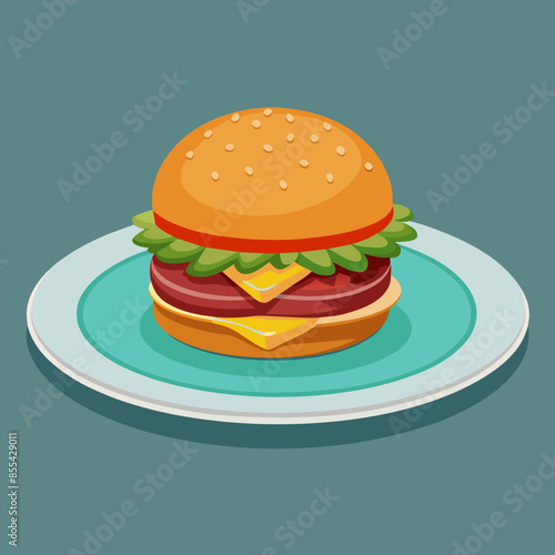 Beef burger with cheese, tomatoes, red onions, cucumber and lettuce on black slate over dark background. Unhealthy food