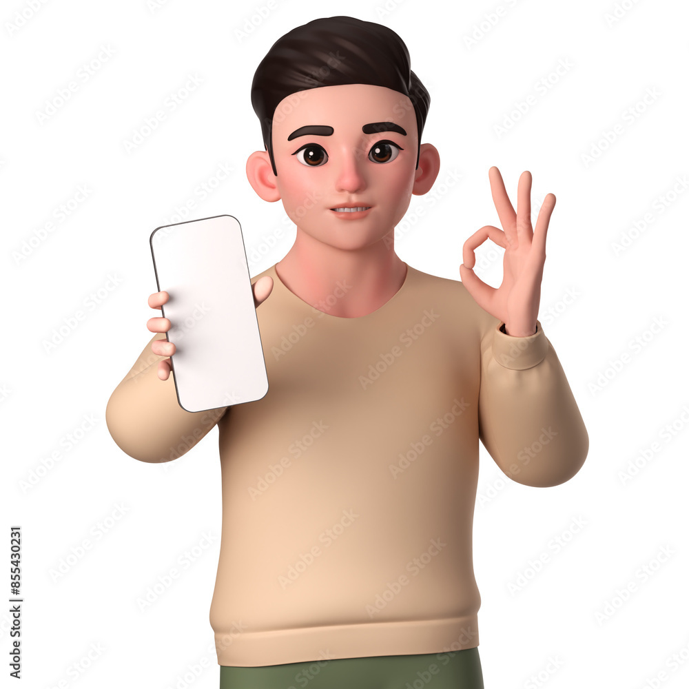 Portrait of half body man character showing ok hand gesture with his smartphone, 3D Character Illustration Portrait of half body man character showing ok hand gesture with his smartphone, 3D Character Illustration