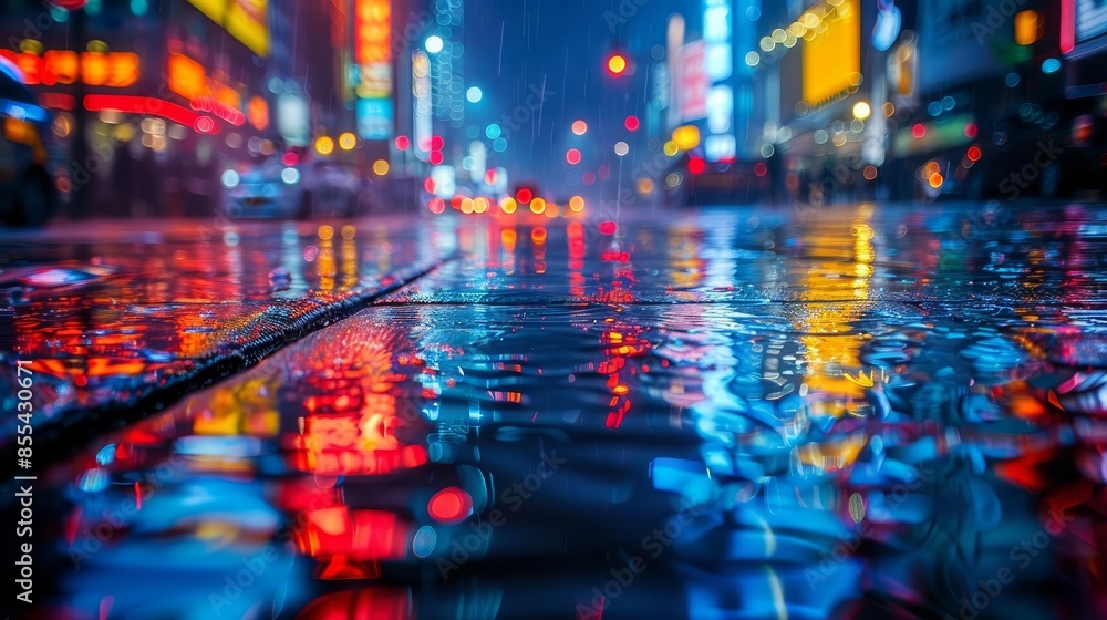 Urban nightscape with city lights reflecting on wet streets, creating a vibrant, dynamic atmosphere