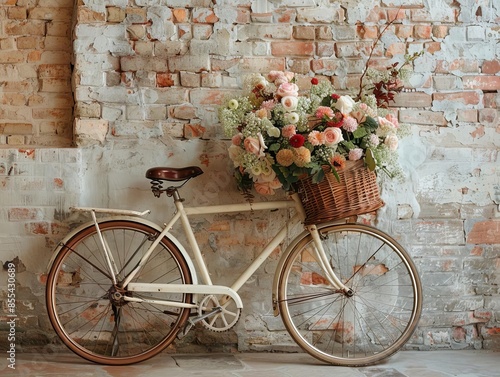 Vintage bicycle leaning against a rustic brick wall, with a woven basket filled with fresh flowers photo