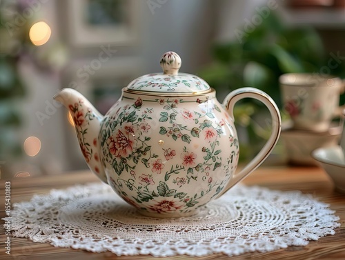 Vintage teapot with delicate floral patterns, set on a lace doily with a cozy, nostalgic ambiance