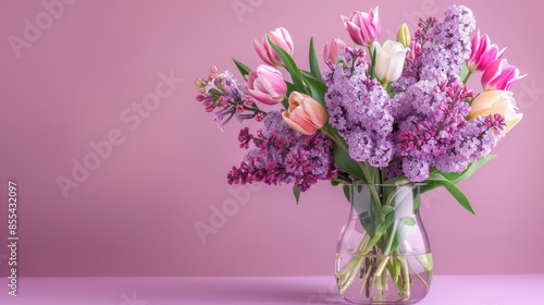Wallpaper Mural lush bouquet of lilacs and tulips in a glass on pastel pink background Torontodigital.ca