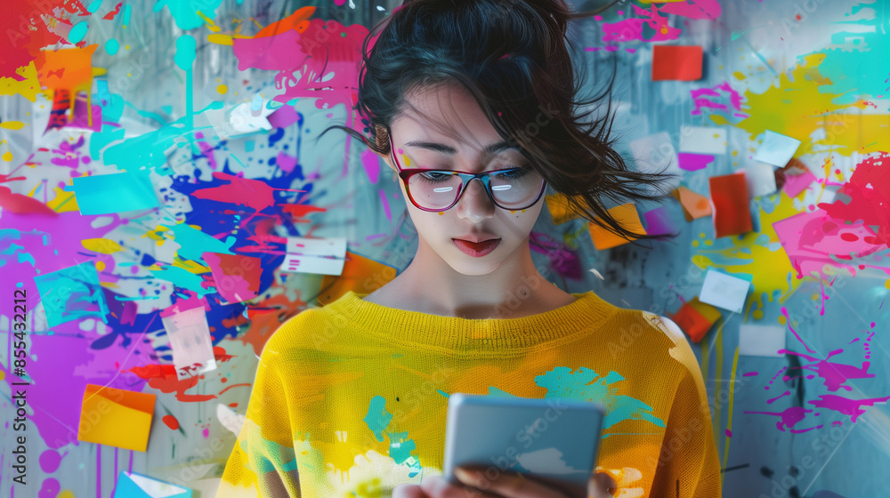 Creative trend collage of millennial lady text friend using web window search info isolated paint mail background Creative trend collage of millennial lady text friend using web window search info isolated paint mail background