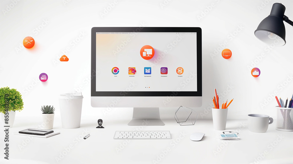 Experience creative web design studio presentation, featuring a computer display encircled by web icons, all showcased on a white office desk Experience creative web design studio presentation, featuring a computer display encircled by web icons, all showcased on a white office desk