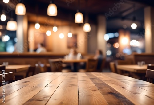 Lofty chill restaurant or cafe with rustic wooden table and Depth of field , blurred background  © Gia