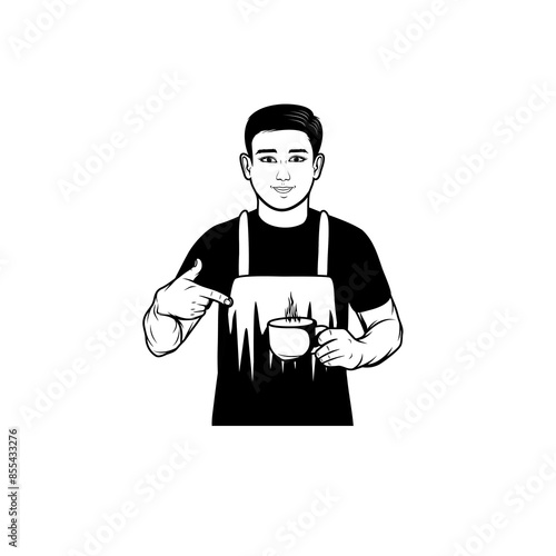 male barista showing warm drink in his left hand black and white vector illustration