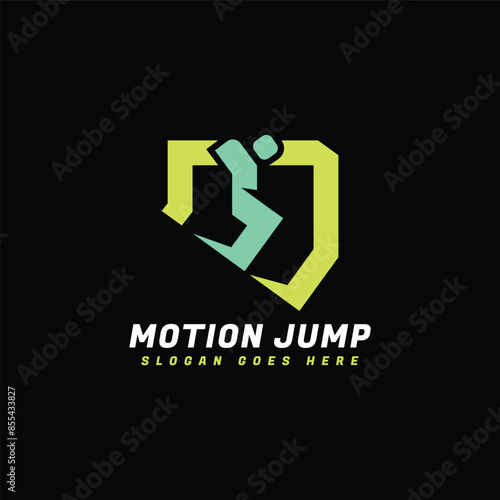 Abstract initial letter m logo design combined with jumping people shape.