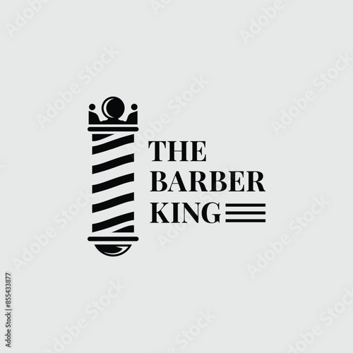 Abstract minimalist black and white barbershop logo design with king crown combination with barber pole logo concept.