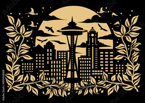 Seattle skyline at night, Space Needle, cityscape silhouette, urban night scene, decorative city illustration, Seattle landmarks, moonlit skyline, artistic city view, iconic architecture, city lights