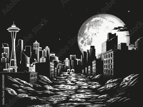 Black and white cityscape with full moon, Seattle skyline, dramatic night scene, urban illustration
