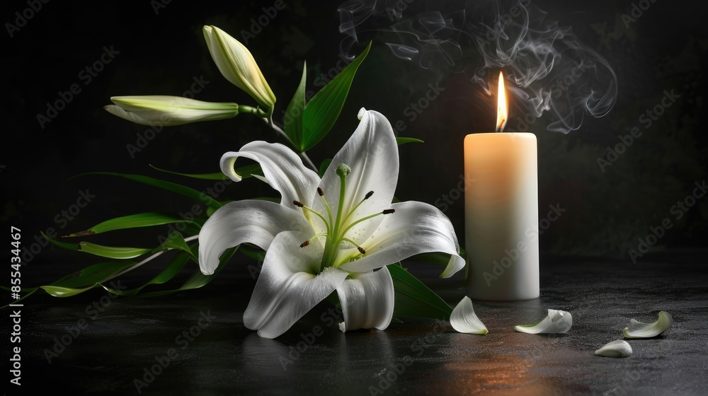 Beautiful lily and burning candle on dark background with space for text. Funeral white flowers.