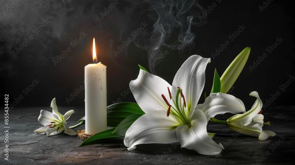 Beautiful lily and burning candle on dark background with space for text. Funeral white flowers. Beautiful lily and burning candle on dark background with space for text. Funeral white flowers.