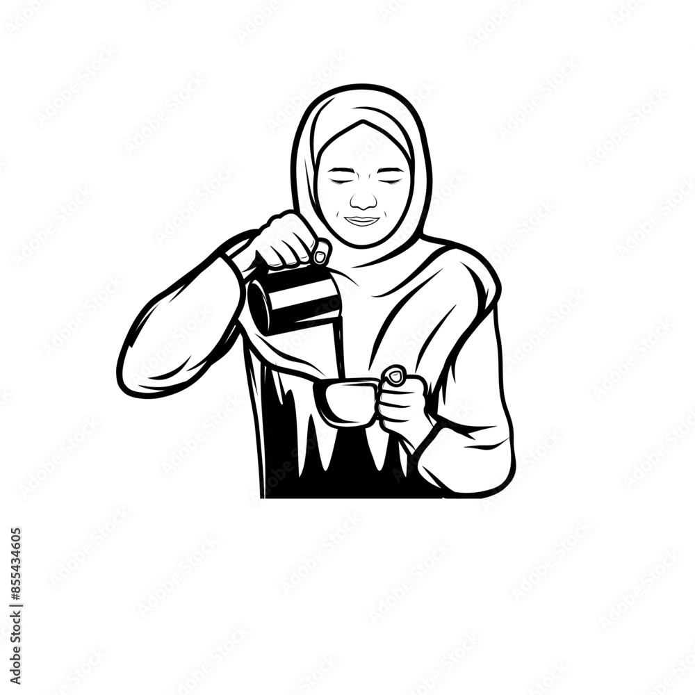 female barista hijab-wearing woman pouring drink from black and white cup container vector illustration female barista hijab-wearing woman pouring drink from black and white cup container vector illustration