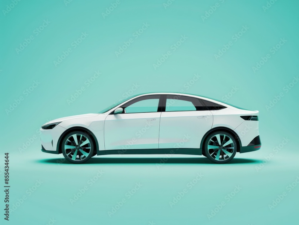 Electric car driving on turquoise background in 3d, concept of ecofriendly travel and sustainable transportation Electric car driving on turquoise background in 3d, concept of ecofriendly travel and sustainable transportation