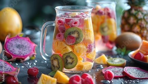 Create a visually striking composition by arranging slices of exotic fruits like pineapple, kiwi, and dragon fruit around a clear pitcher of infused water. Aim for a tropical vibe. photo