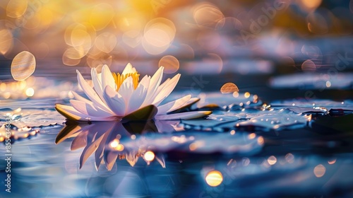 water lily in the pond, white lotus in a golden magic pond photo