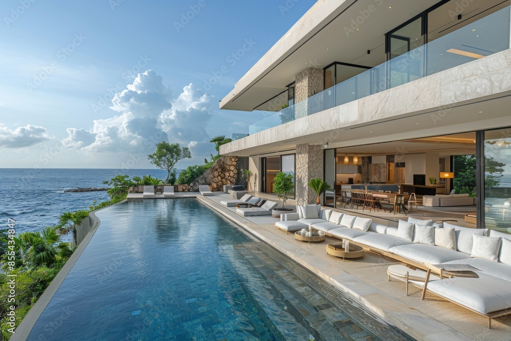 Obraz premium Urban industrial oasis with lush greenery and cozy lounge seating