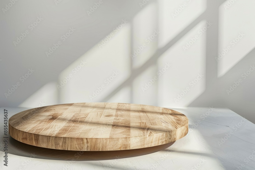 Empty beautiful round wood table top counter on interior in clean and bright with shadow background, Ready,white background, for product montage - generative ai